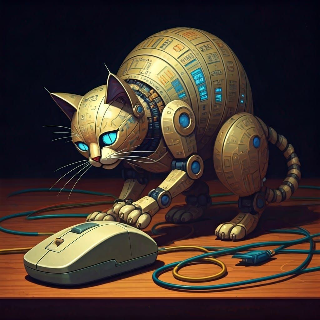 Whimsical Robot Cat Chases Vintage Computer Mouse
