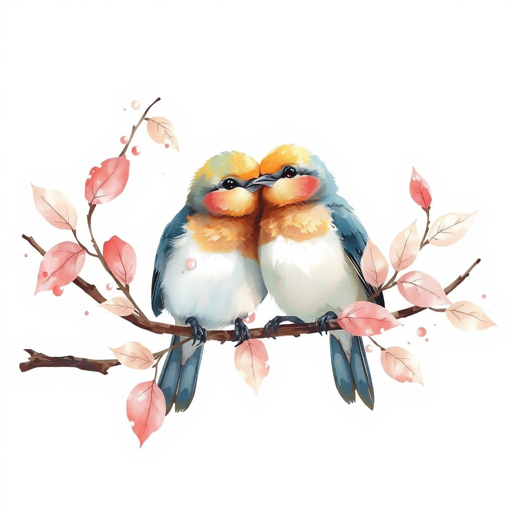 Surreal Whimsical Lovebirds Amidst Pastel Leaves