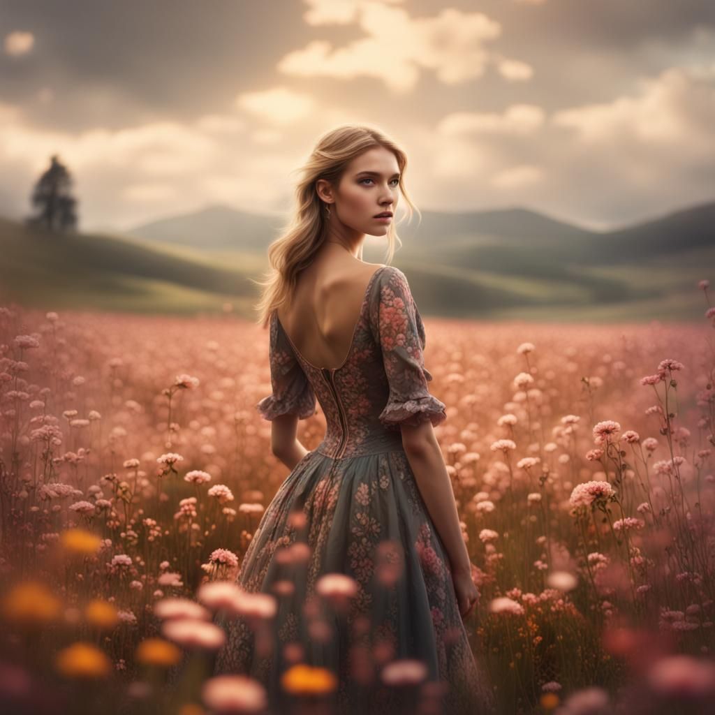 Beautiful model standing in a field of flowers, warm natural...
