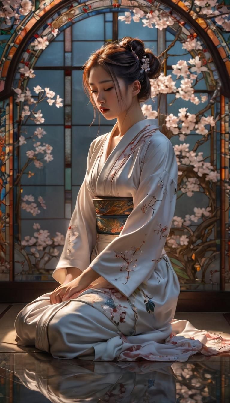 Japanese Girl Meditating in Art Nouveau Style