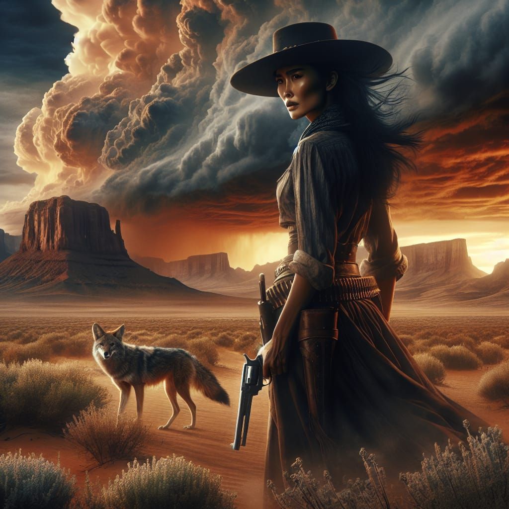 Cinematic Desert Gunslinger with Stormy Backdrop