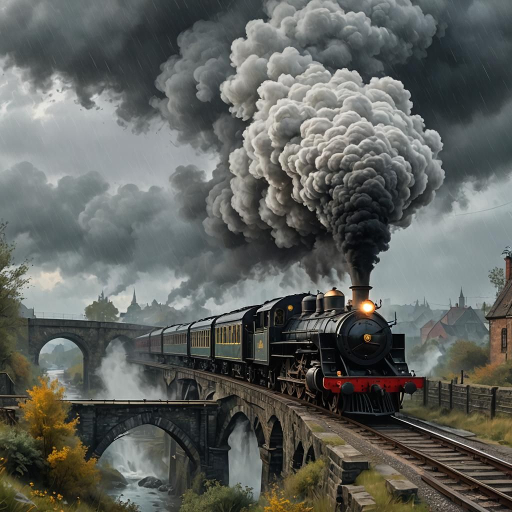 Steam Train Bridge Crossing, Van Gogh Style