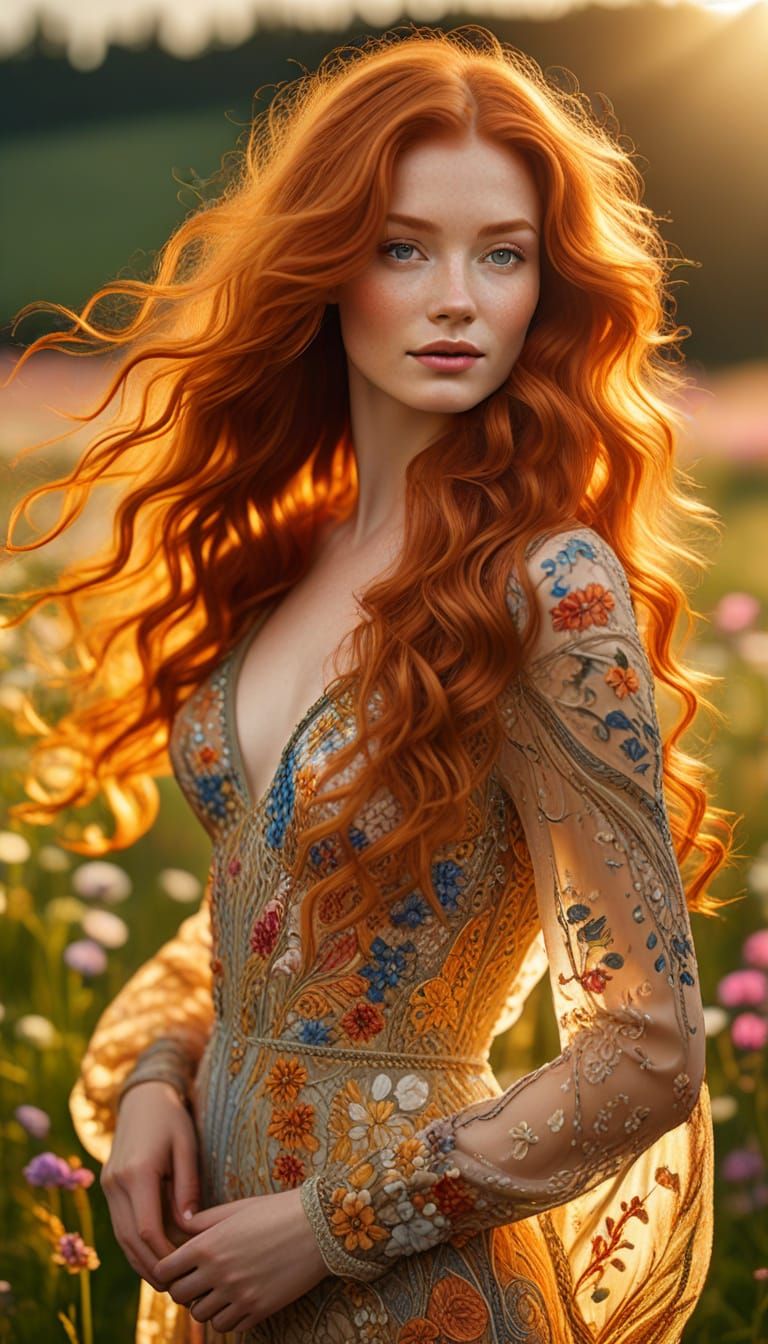 Redhead in Wildflower Meadow at Golden Hour