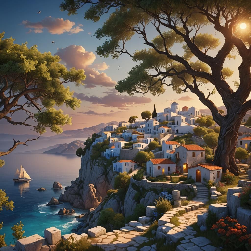 Greek Seaside Village at Sunset: Detailed Matte Painting