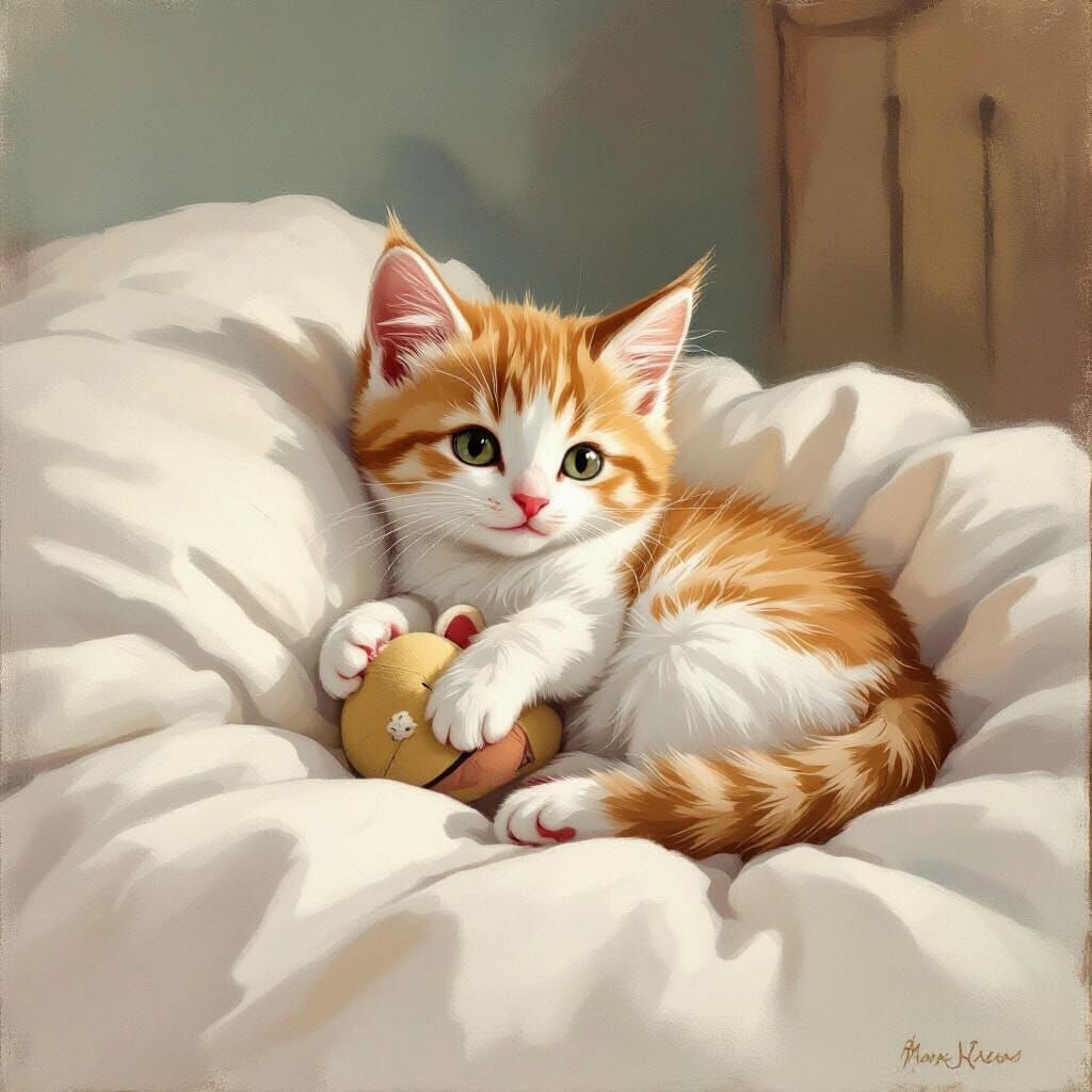 Cute Kitten Plays With Yarn, Children's Book Illustration
