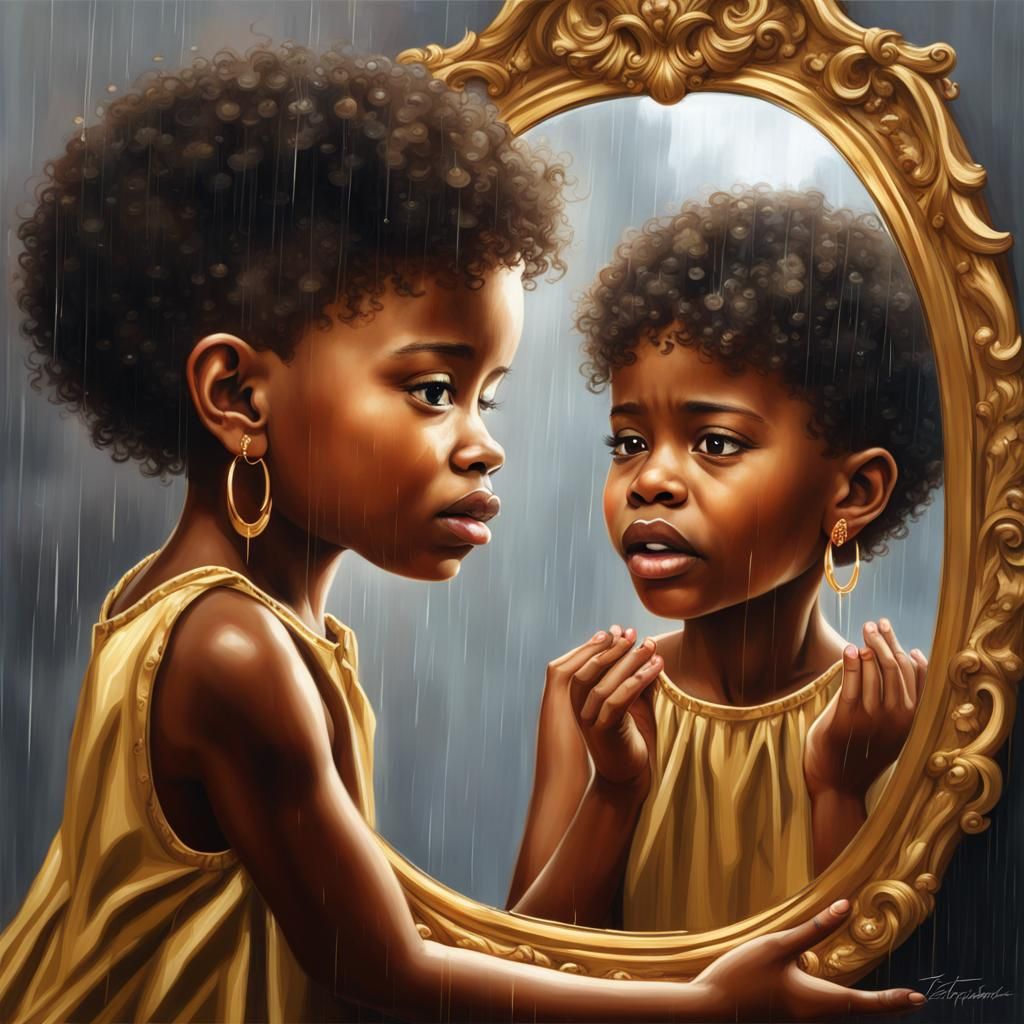 Crying Girl in Mirror: Detailed Matte Painting