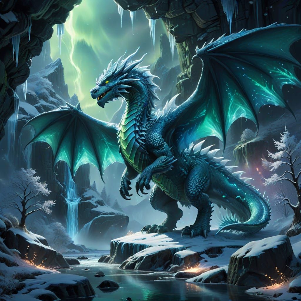 Ice Dragon Guards Winter Valley with Aurora Borealis