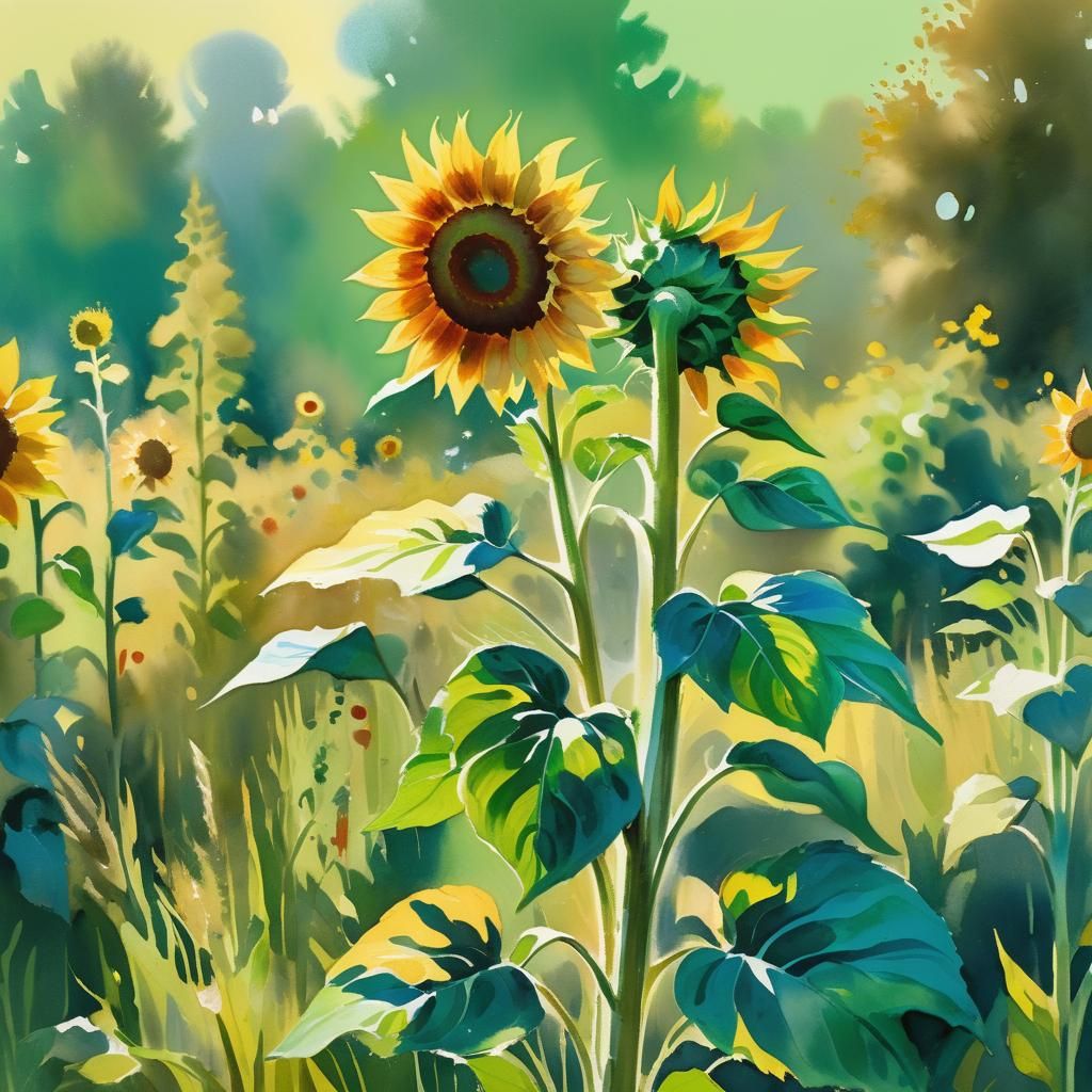 Vibrant Sunflower in Retro Impressionist Watercolor Style