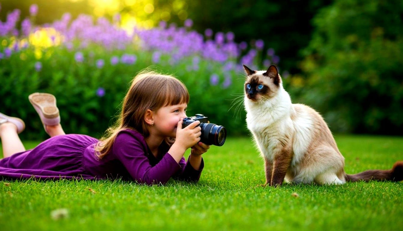 Girl Photographing Siamese Cat in a Purple Garden