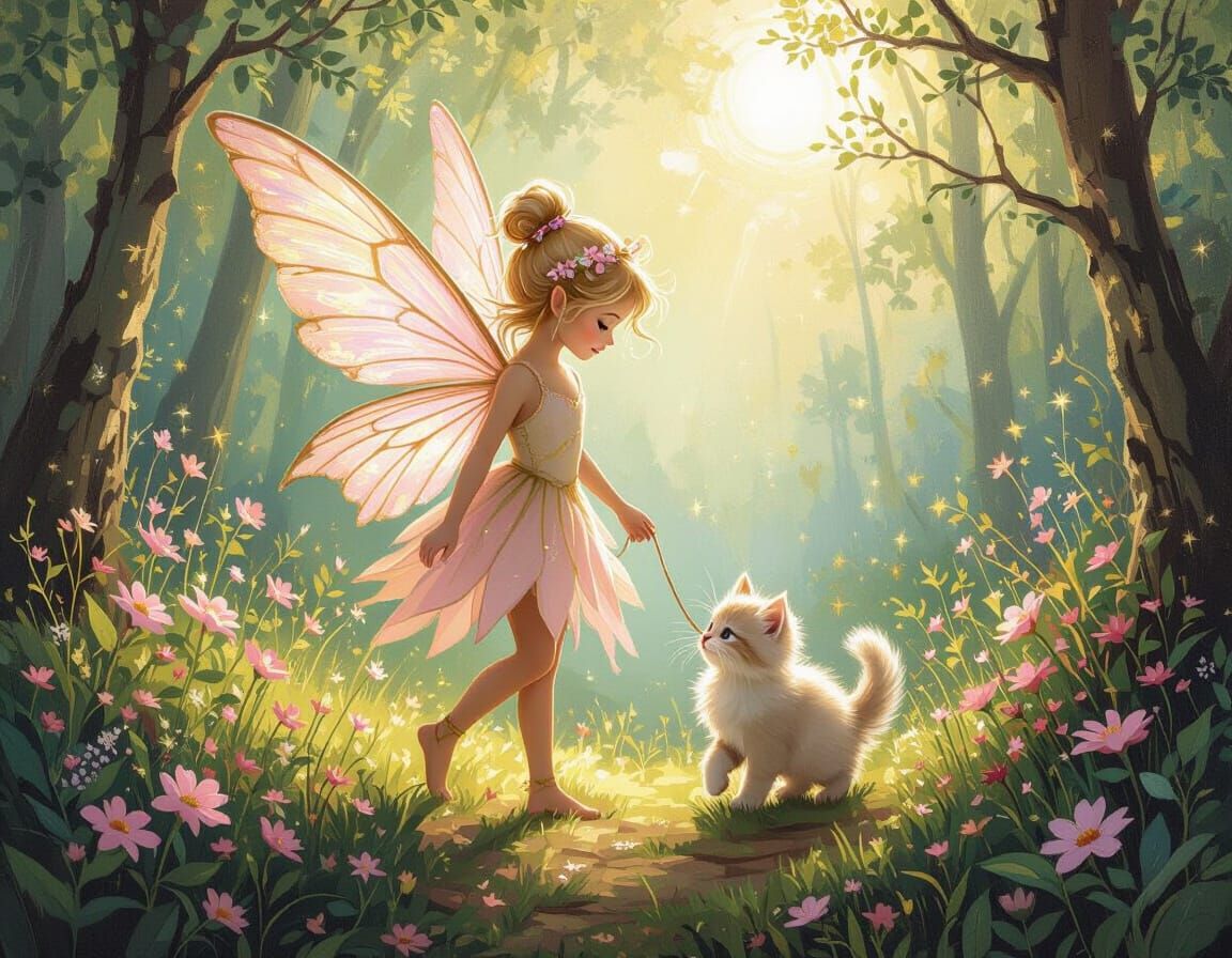 Enchanting Fairy and Kitten in Magical Forest