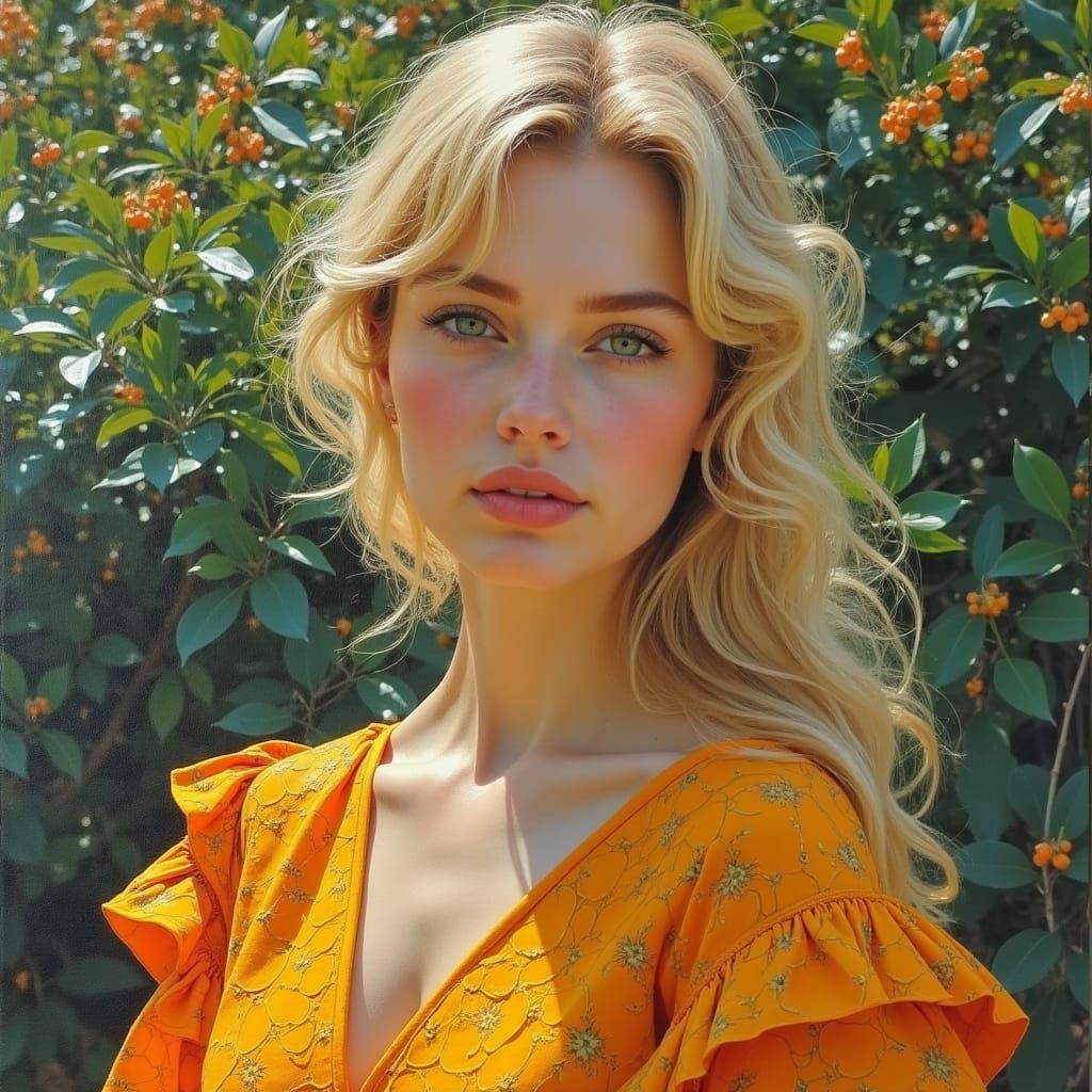 Elegant European Woman in Vibrant Mosaic Robe