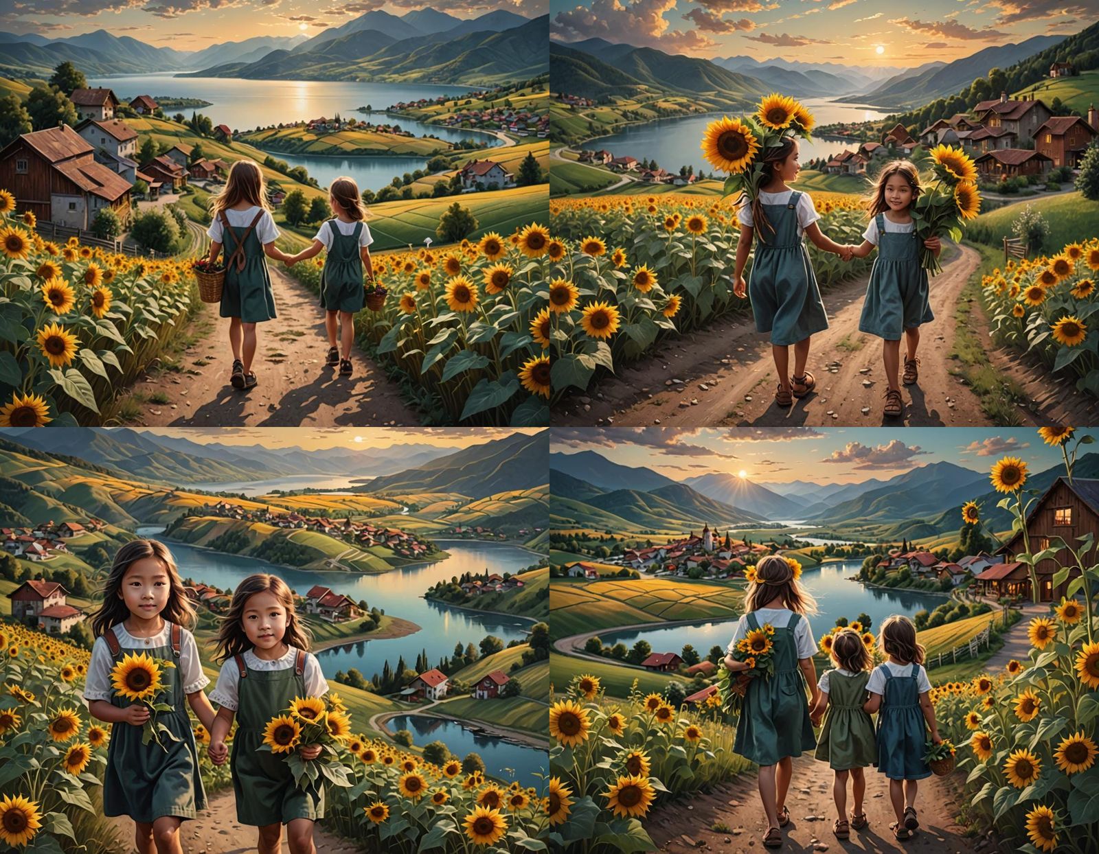 Sunflowers Field Path with Girls: Hyperrealistic Splash Art