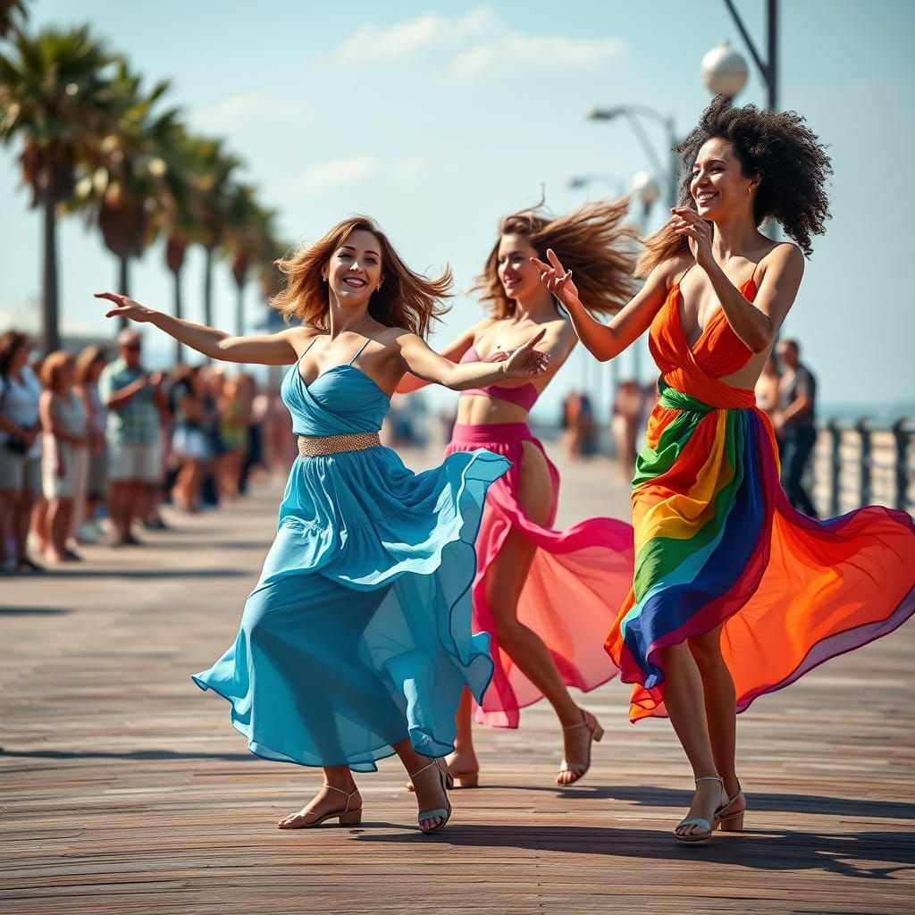 Energetic Women Shine on Boardwalk in Vibrant Shuffle Dance ...