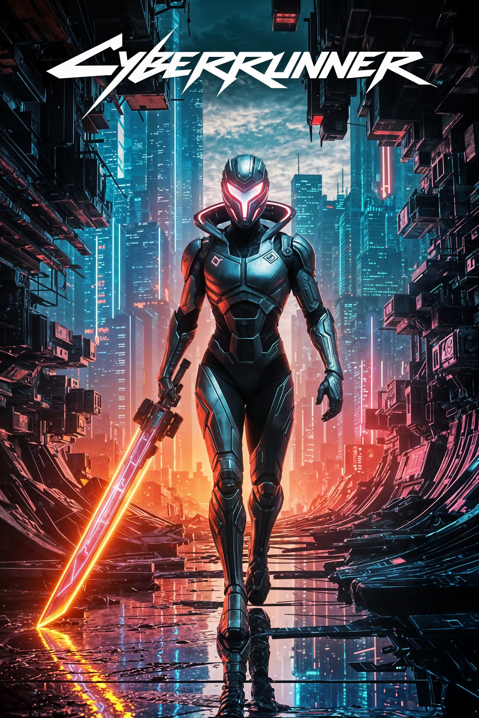 Cyberpunk Warrior in Neon Cityscape Digital Art