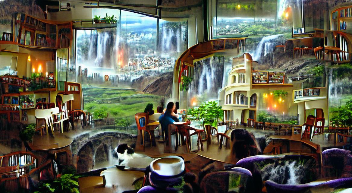 Magical Cafe Interior Overlooking Crater City Landscape