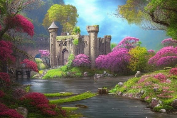 Picturesque Castle Ruins by River in Spring
