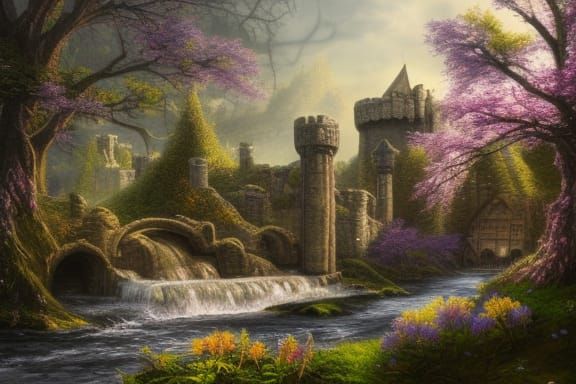 Springtime Castle Ruins by River in Fantasy Style