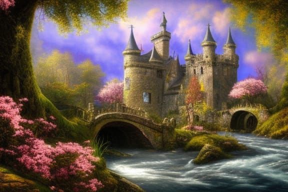 Magnificent Castle Ruins by River in Spring