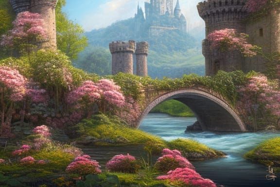 Castle Ruins by River in Spring