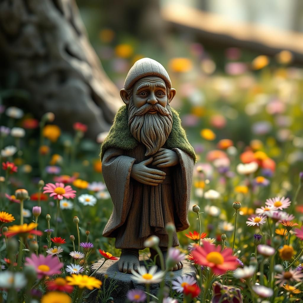 Carved Wooden Forest Old Man in Flower Meadow