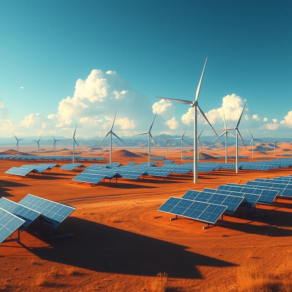 Wind Turbines and Solar Panels in Open Landscape