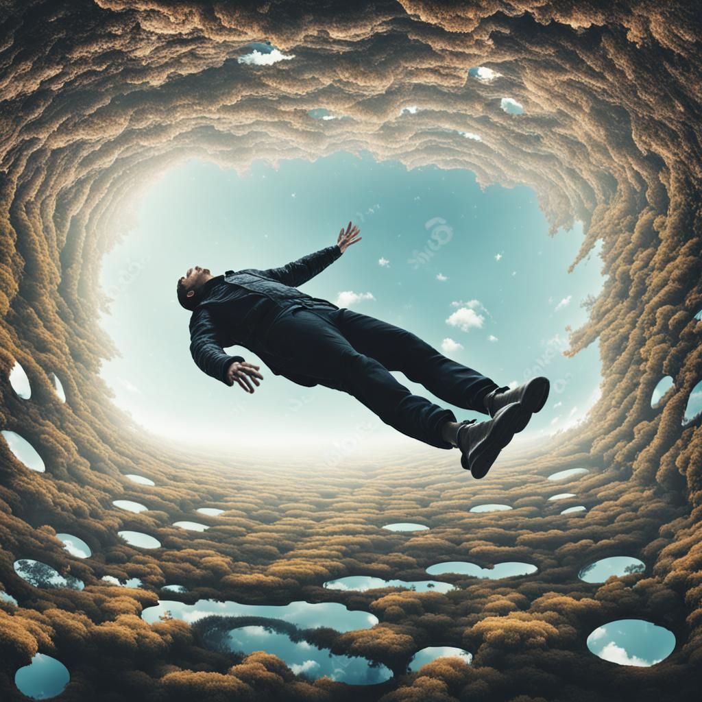 Man Floats Inverted in Zero Gravity Surreal Scene
