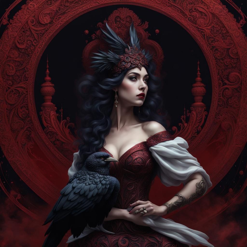 Goddess with Raven in Surreal Dark Art Style