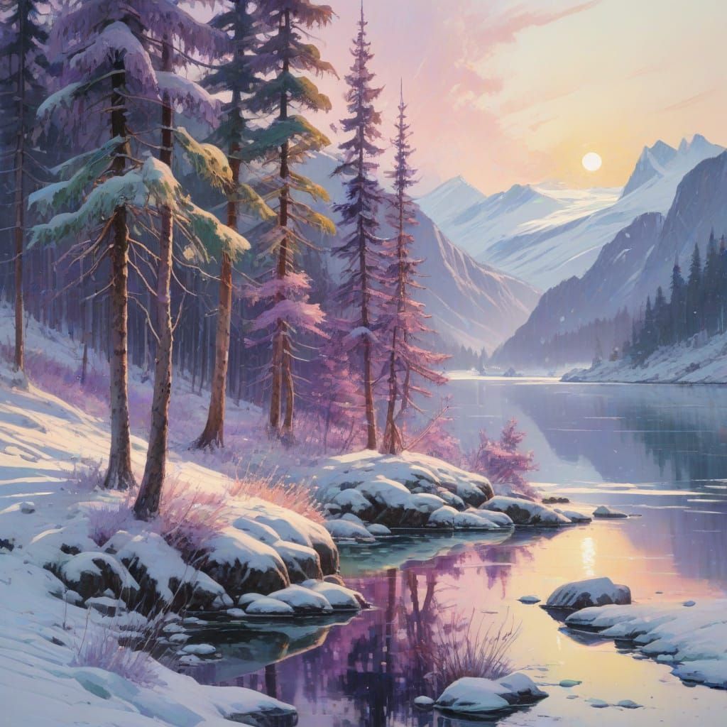 Aurora Borealis Over Icy Fjord, in Neo-Impressionist Style