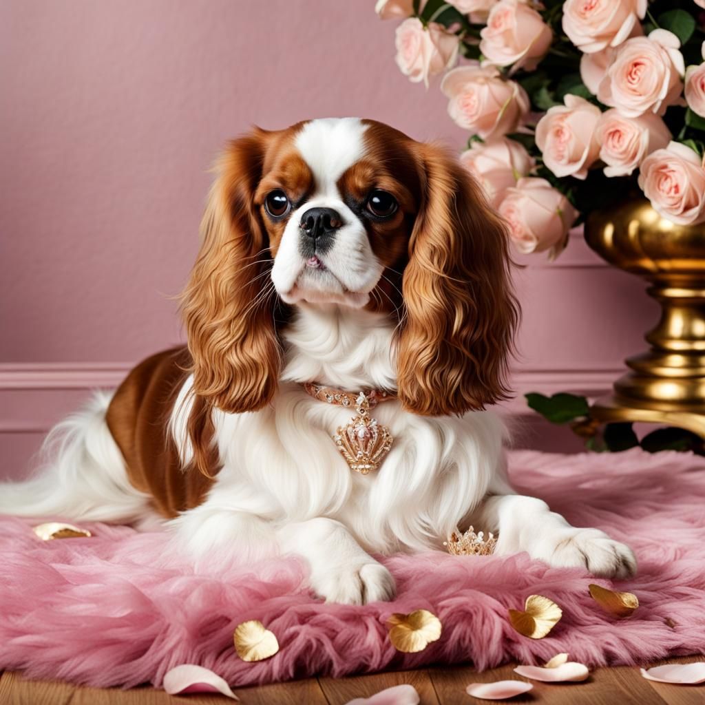 Cavalier King Charles with Crown and Rose Petals