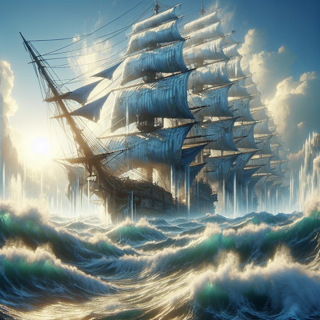 Giant Pirate Ship on Wild Sea in Detailed Fantasy Art