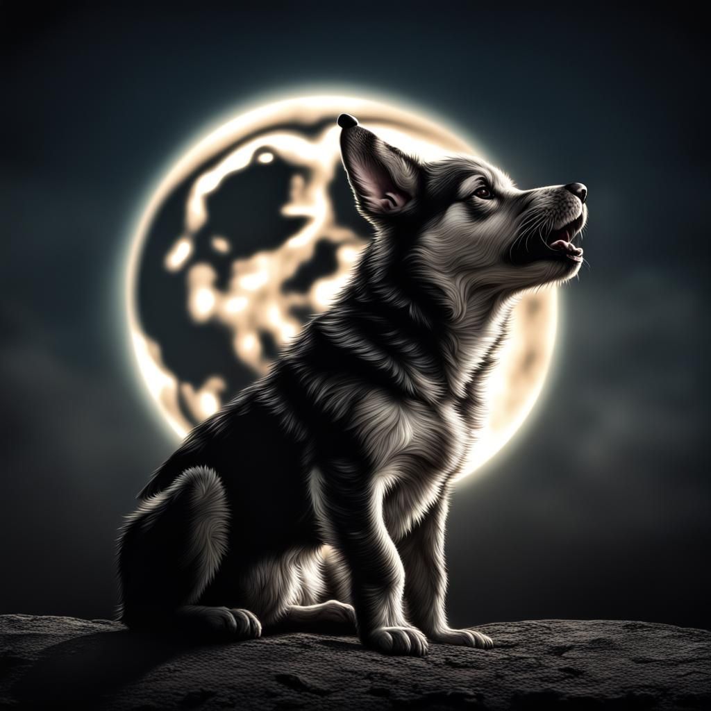 Hyperrealistic Puppy Howling at the Moon