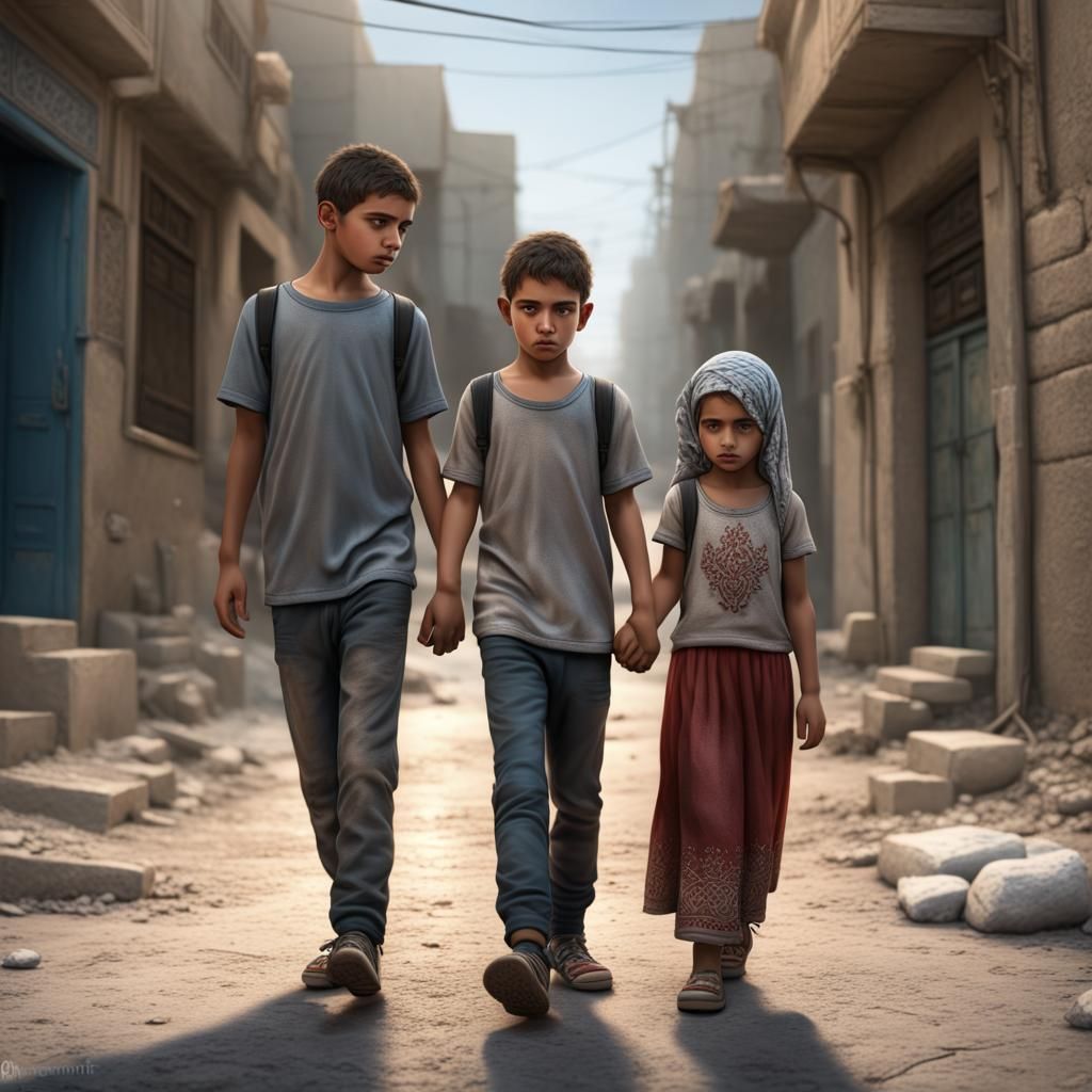 Sad Children in Street: Photorealistic Digital Art