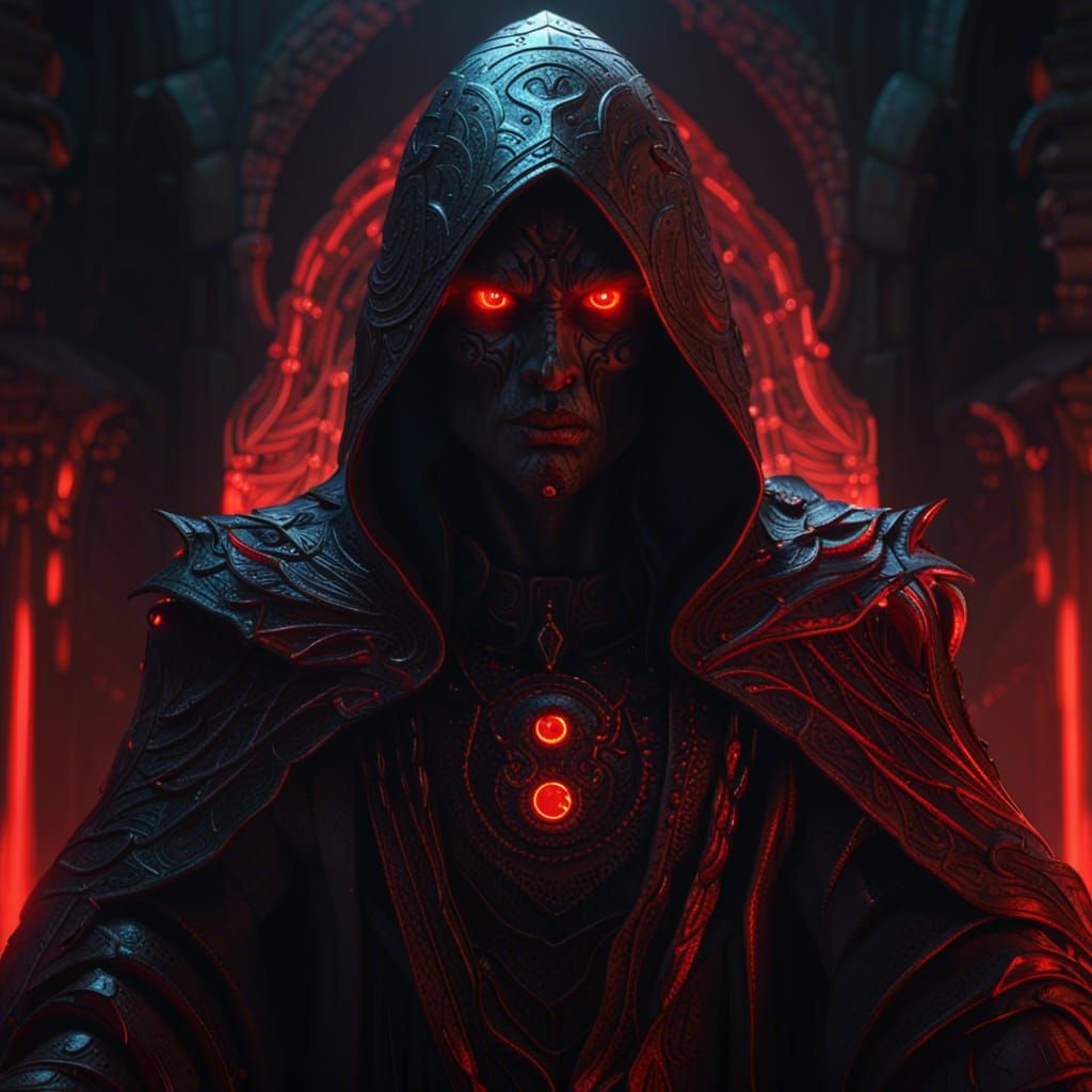 Ornate Dark Figure with Red Eyes