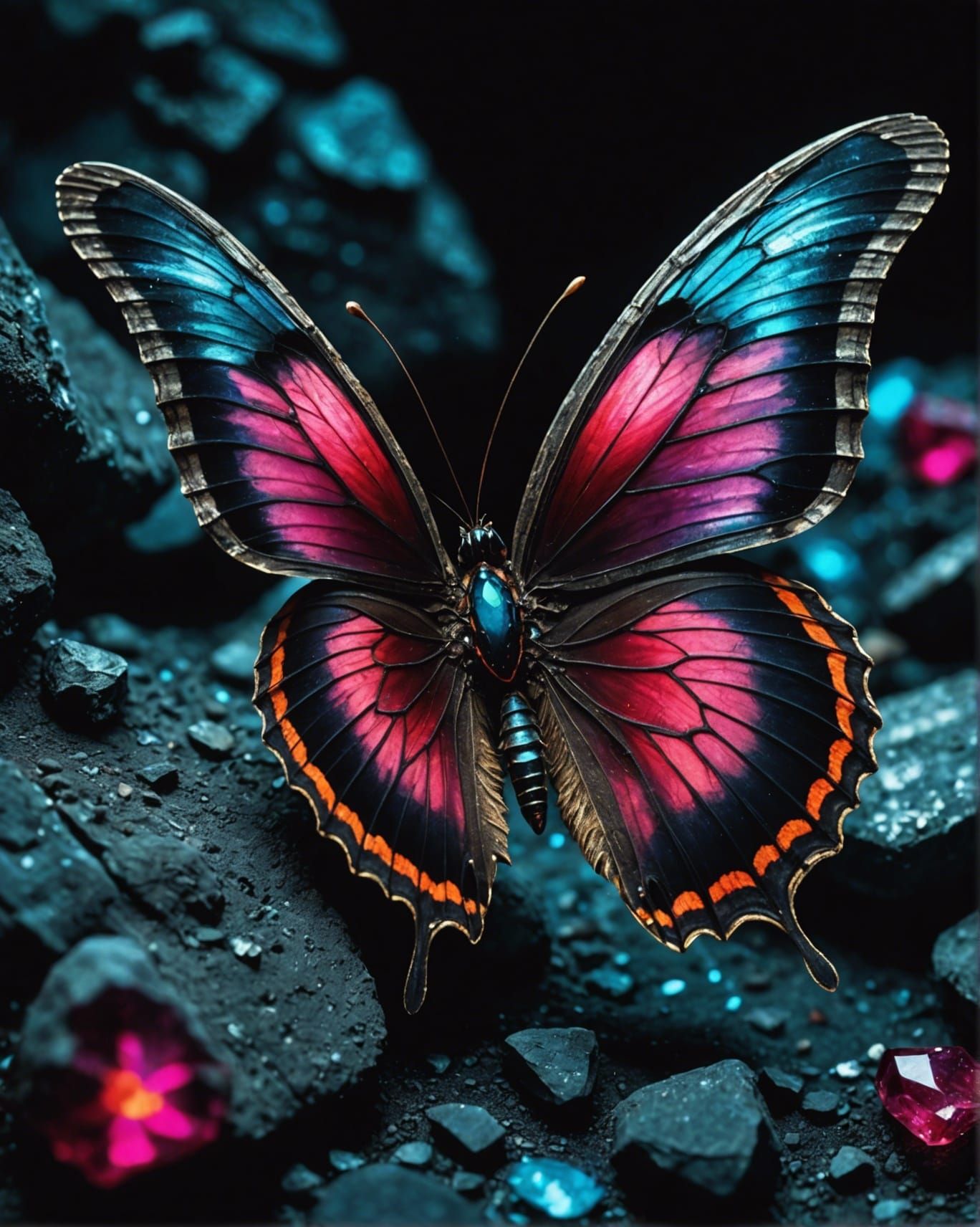 Bioluminescent Crystal Butterfly in Dark Mine: Photography
