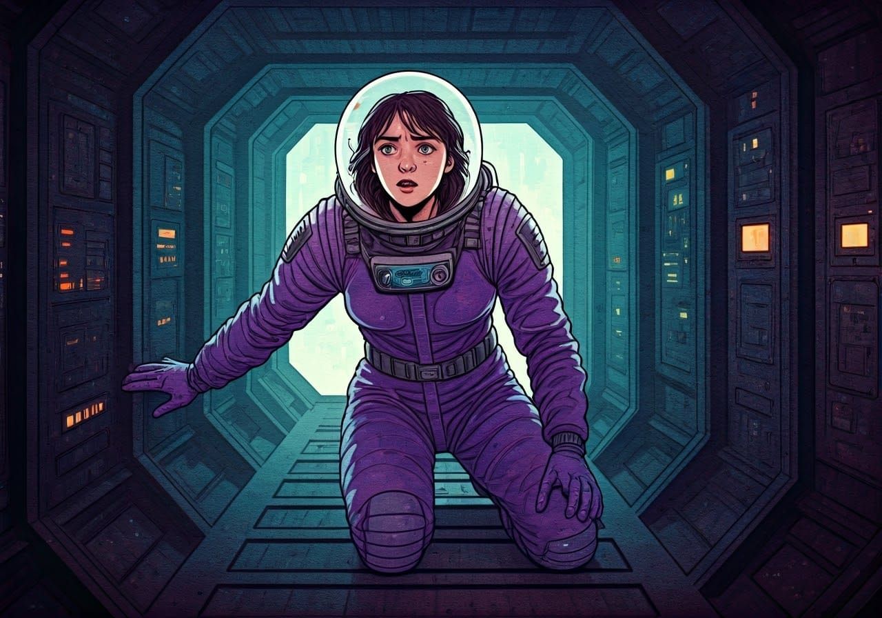 Heroine in Dark Metallic Corridor