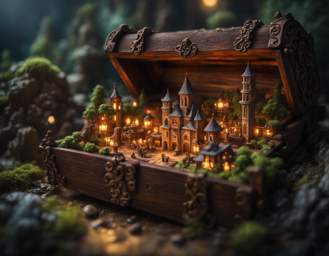 Miniature kingdom inside treasure chest