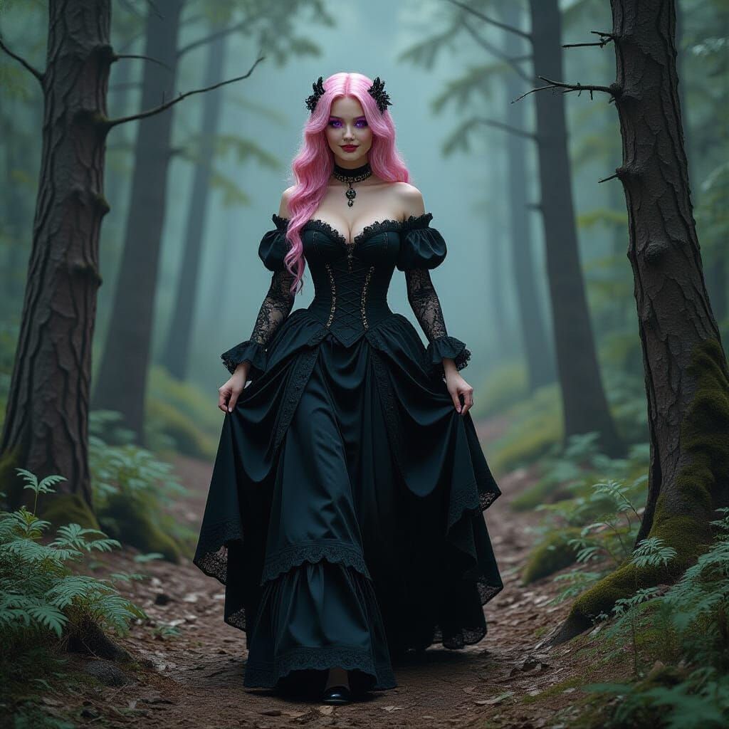 Gothic Woman Enters Surreal Forest Landscape
