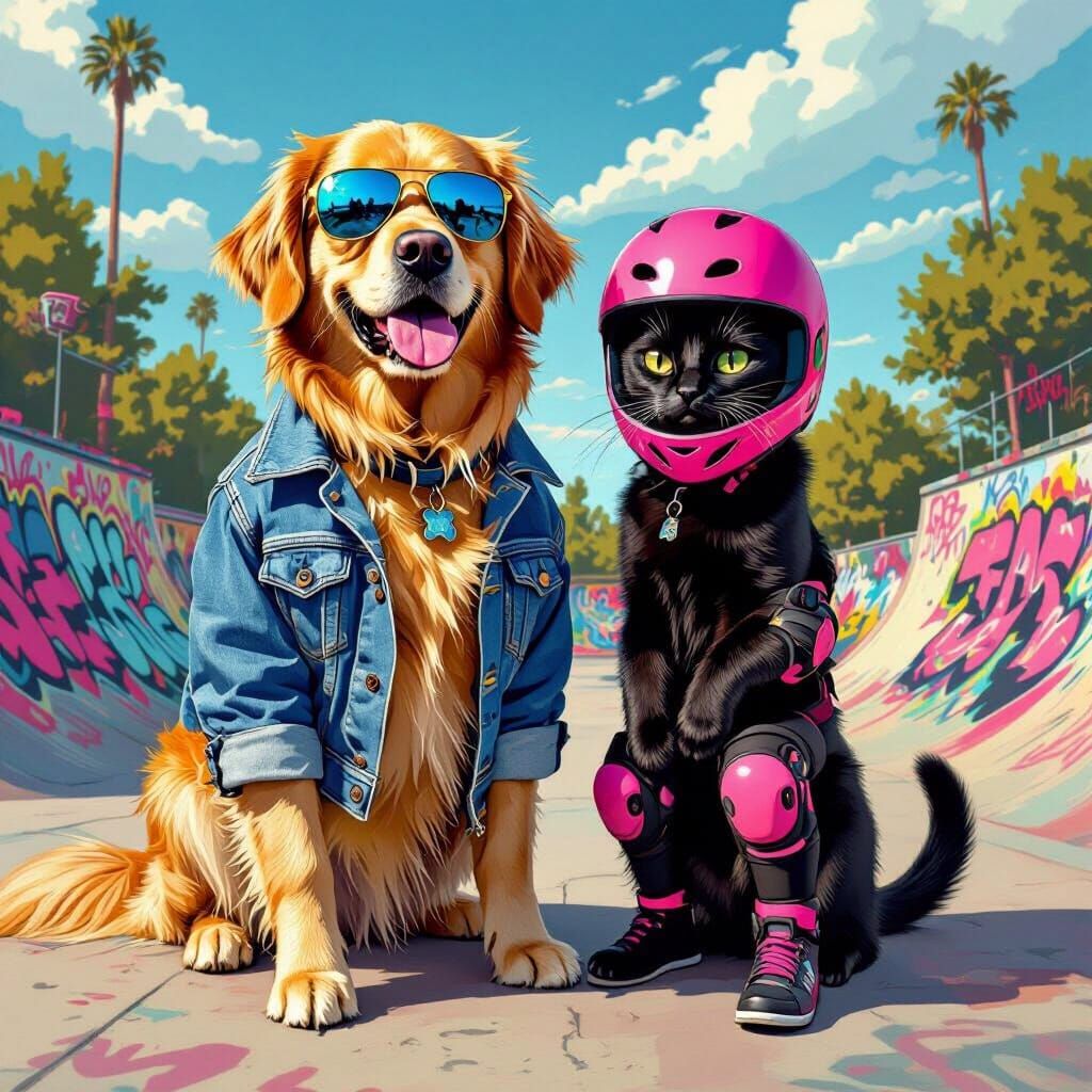 Golden Retriever and Cat at Skate Park, Stylized Art