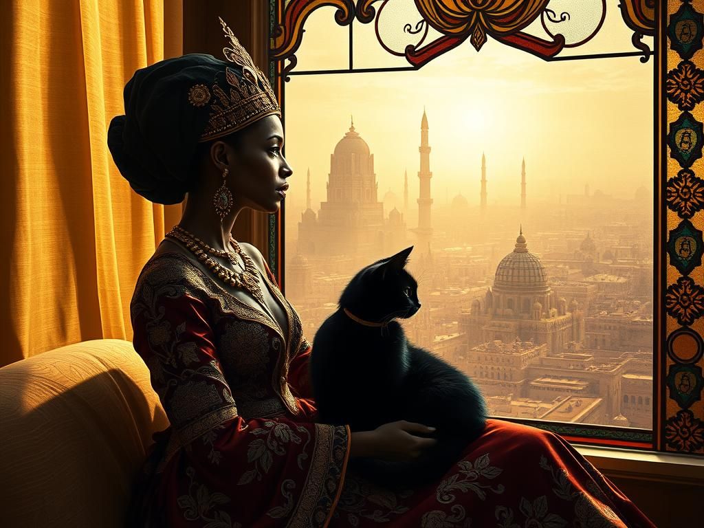 Woman with Black Cat Overlooking Desert City in Art Nouveau