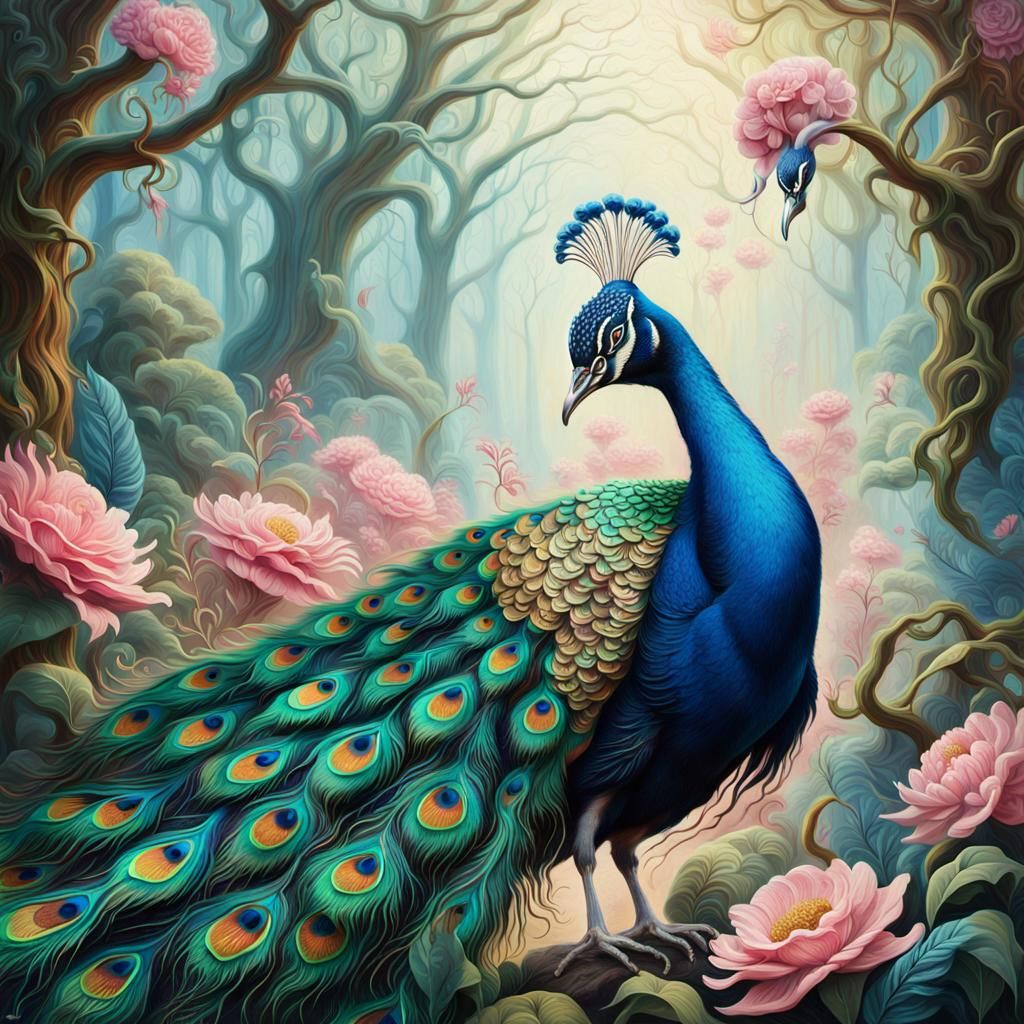 Surreal Peacock Dance in a Vibrant Forest