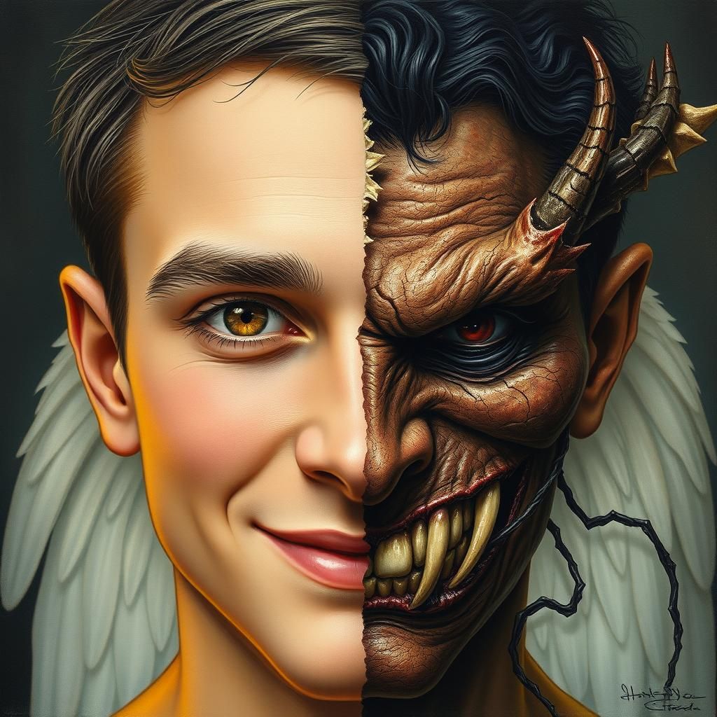 Angelic Man and Demonic Face Portrait