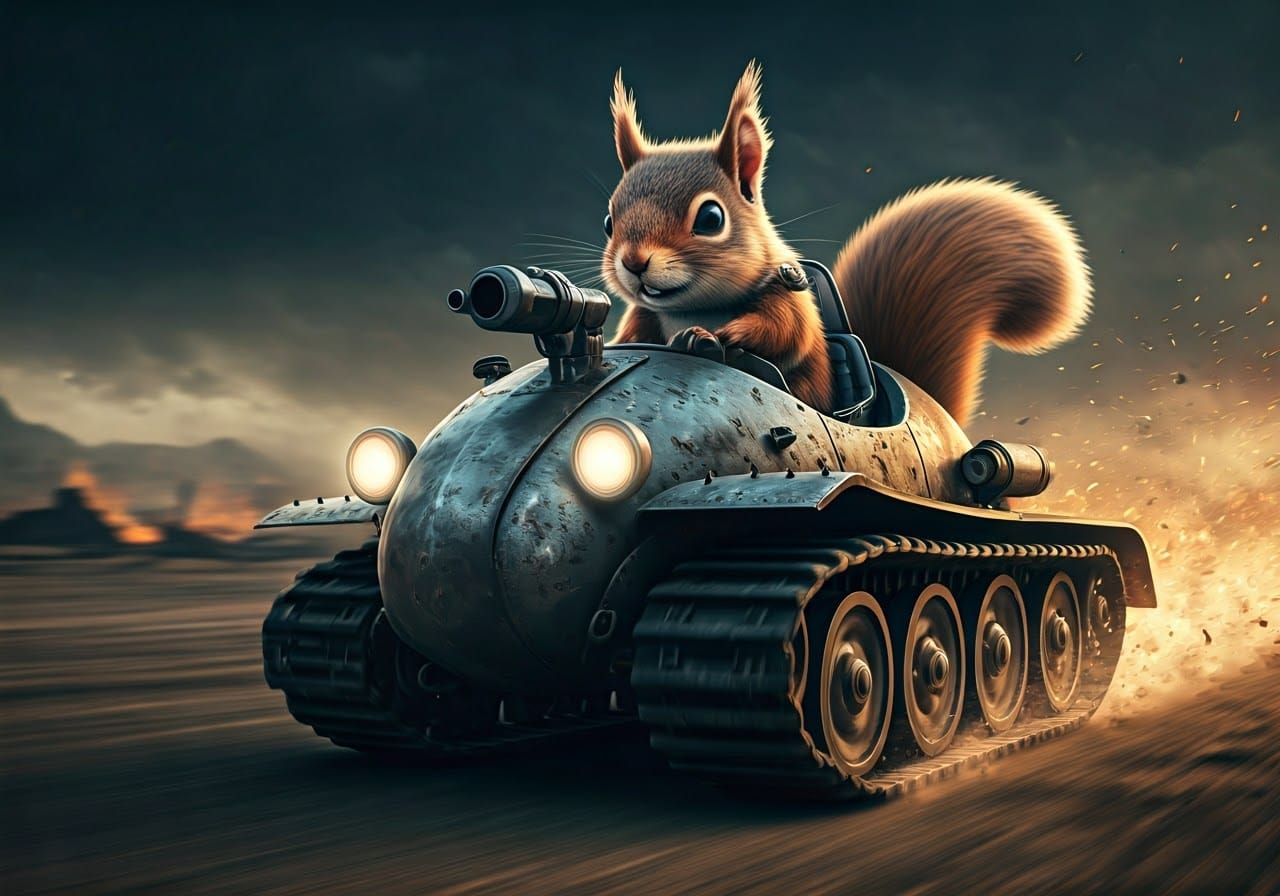 Apocalyptic Squirrel Tank Race in Mad Max Style