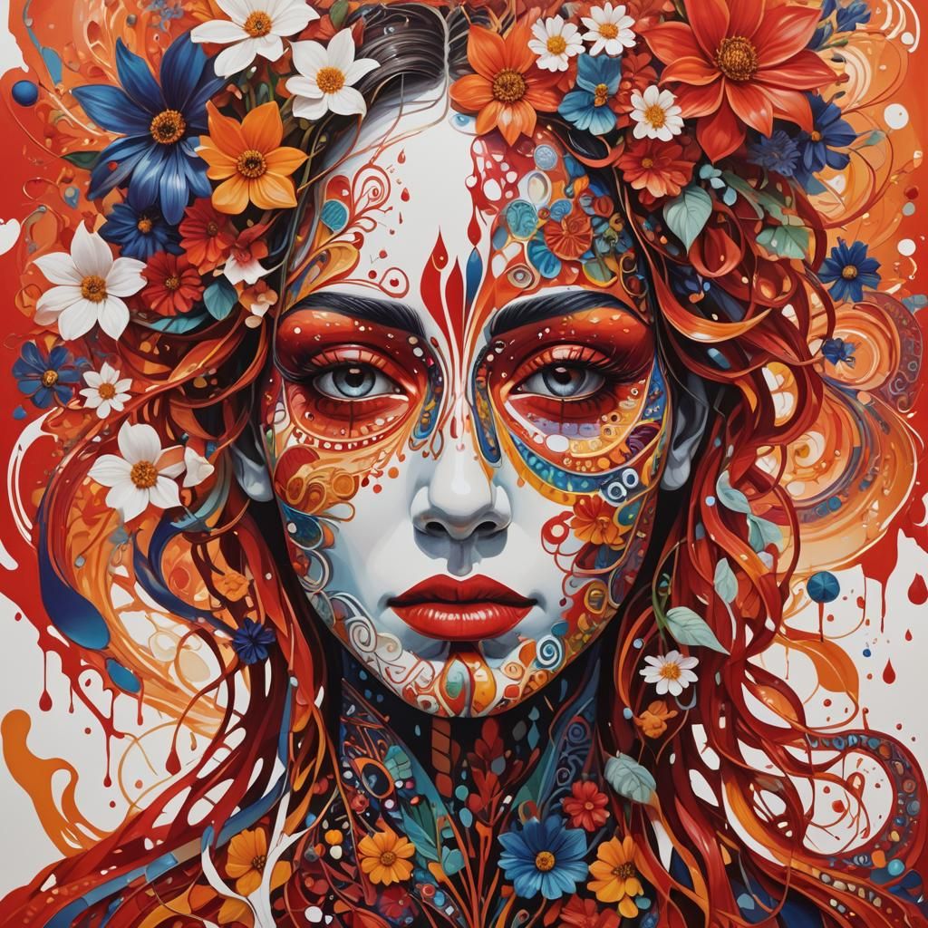 Abstract Portrait with Vibrant Colors and Dripping Patterns