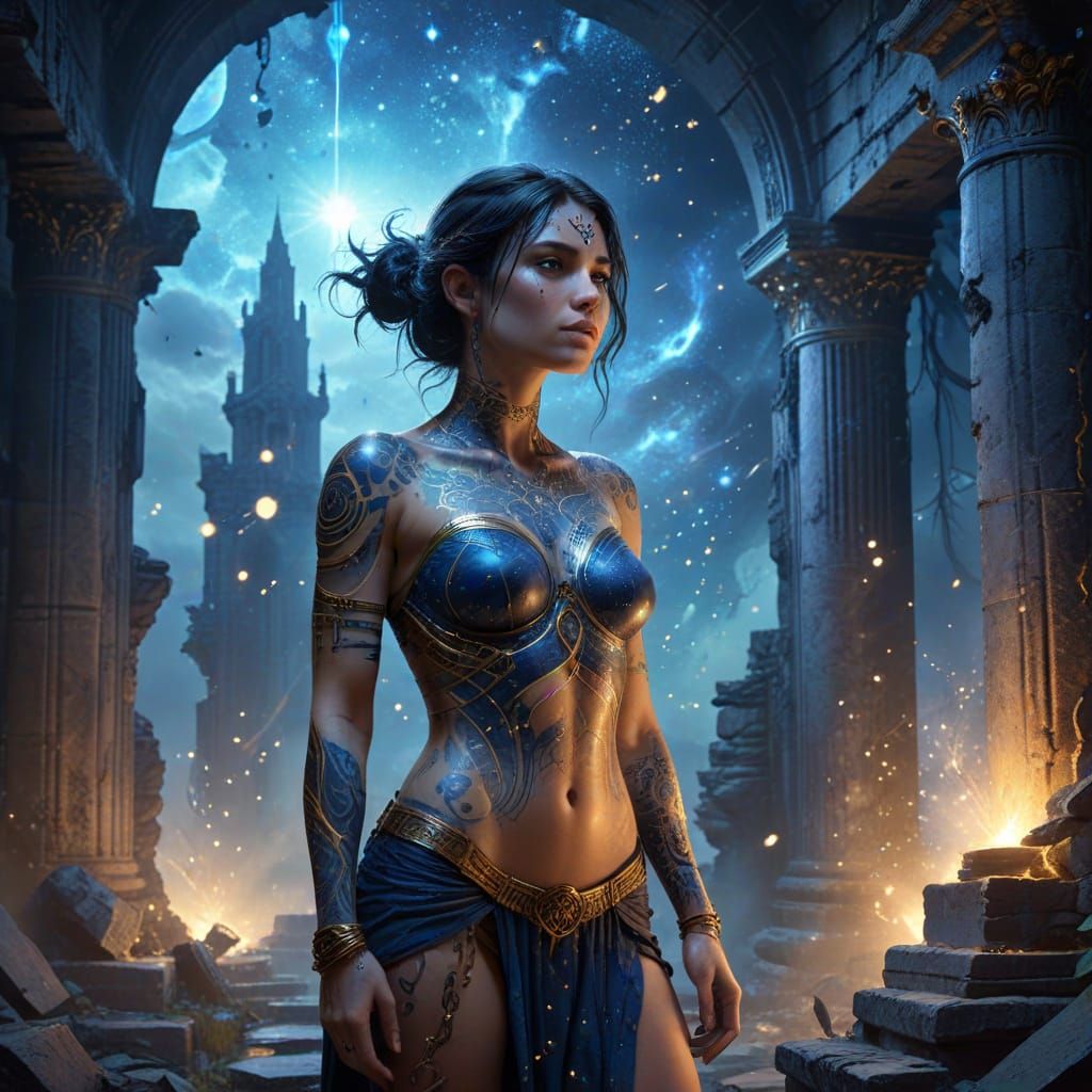 Woman With Glowing Celestial Tattoos in Ancient Ruins