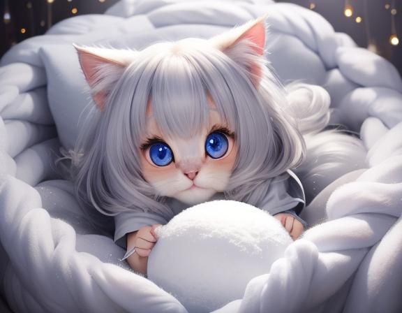 Adorable Kitten in Yarn, Anime Painting