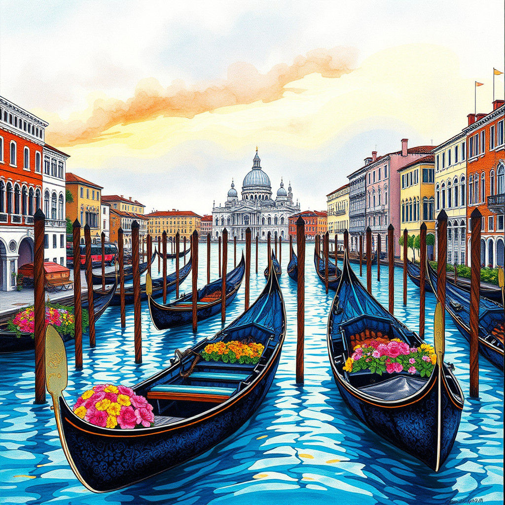 Venice in Zentangle Style Watercolor Painting