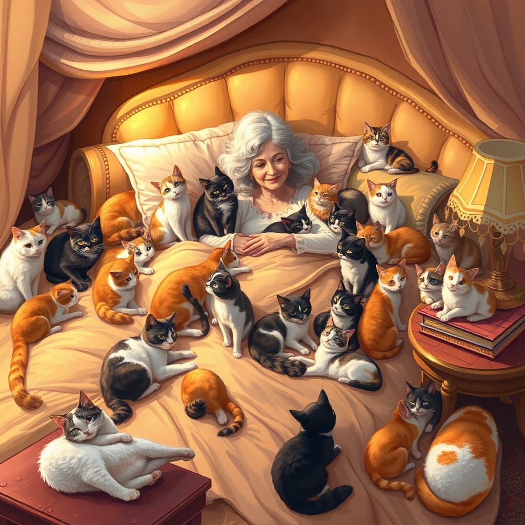 Cozy Cat Lady Surrounded by Feline Friends in Plush Bed