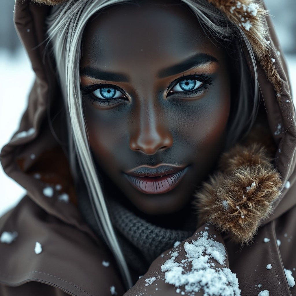Exotic Woman with Silver Hair in Snow