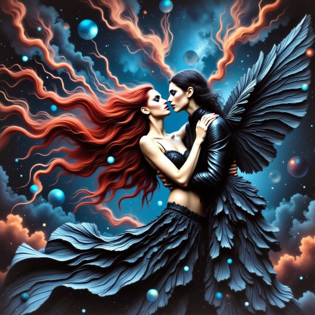 Druid Witch Dancing with Fae Prince in Cyberpunk Style