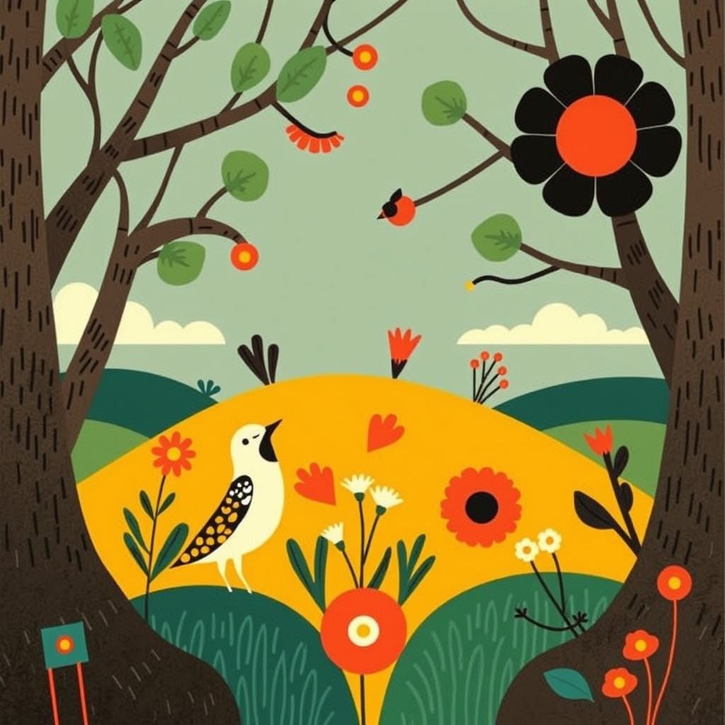 Abstract Birds and Plants in Naive Art Style